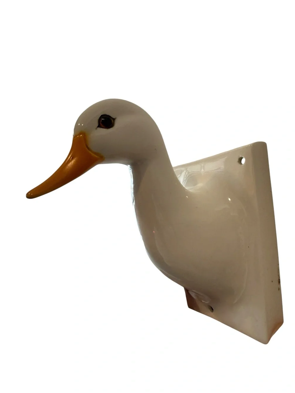 White Ceramic Duck Goose Wall Hook with Yellow Beak - Vintage Decorative Hanger